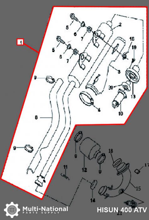 Exhaust Tube and Muffler - Exhaust Pipe and Muffler, Exhaust Manifold, ATV, Hisun, 400cc - 70A5840 - PBC2453F1