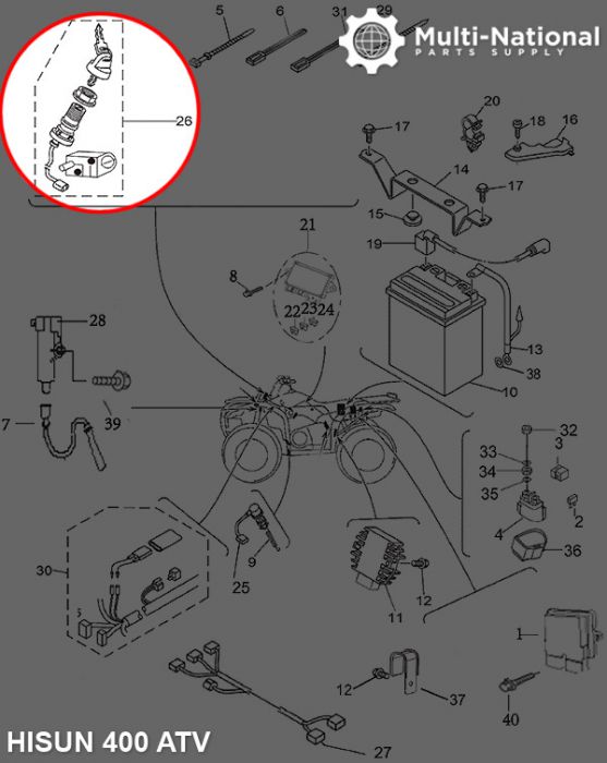 Ignition Key Switch - ATV, Hisun, 400-700cc - 10A4251 - PBC2205F1